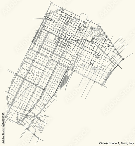 Black simple detailed street roads map on vintage beige background of the borough Circoscrizione 1 (Centro, Crocetta) of Turin, Italy photo