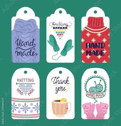 Knitting craft tag design, label set vector illustration. Vintage handmade de...