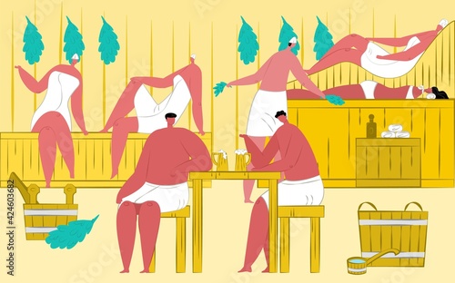 Sauna vector illustration. Hot heat steam for man woman people in towel leisure, wellness relax for healthy body. Person relaxation with water bucket