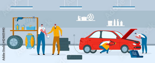 Car repair service, automobile vehicle workshop with team, vector illustration. Auto garage, people in uniform work with cartoon engine.