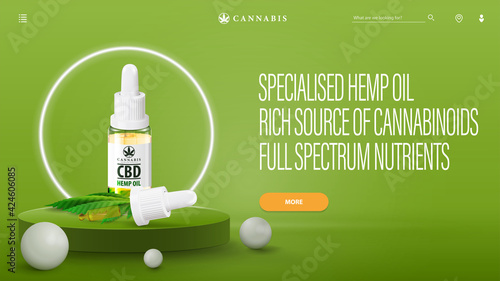 Green banner for website with CBD oil on podium with neon white ring around and interface elements of website. Poster for website with CBD oil bottle with pipette and marijuana leafs
