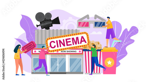 Cinema with flat video film concept, vector illustration. Cartoon Entertainment media, people man woman character with popcorn design.