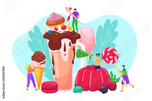People character cook cartoon dessert, vector illustration. Flat girl boy nea...