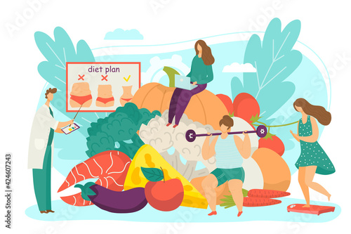 Doctor develop healthy diet, nutritionist show food meal for woman weight loss, vector illustration. Flat consultation for nutrition plan