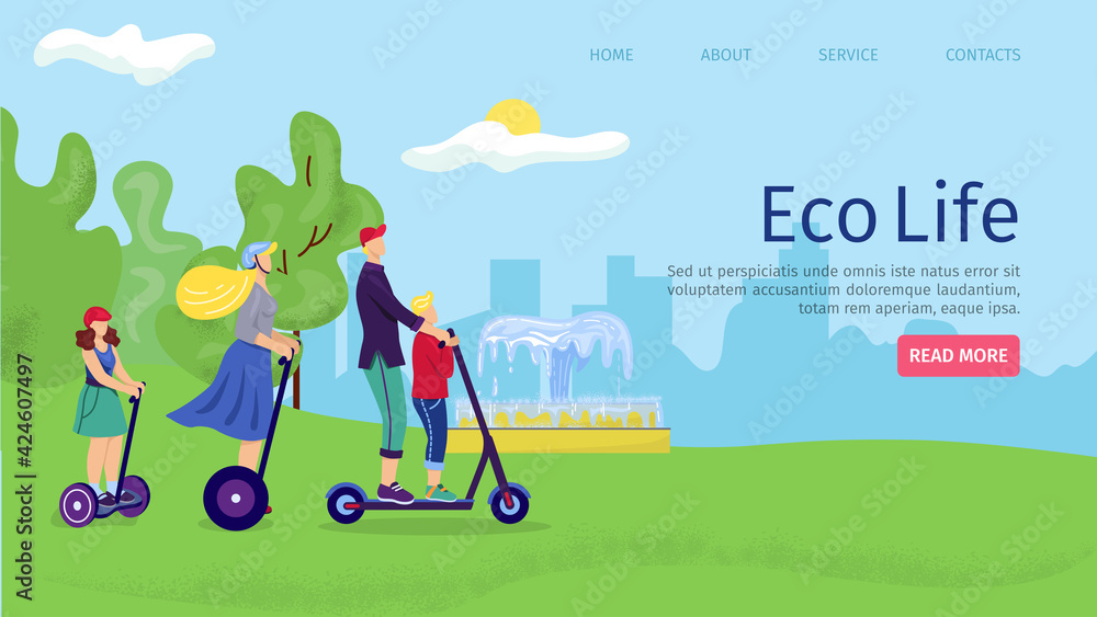 Eco life in park, people ride eco transport, outdoor leisure vector illustration. Active man woman at bicycle, flat bike landing page. Eco life in park, people ride eco transport, outdoor leisure vector illustration. Active man woman at bicycle, flat bike landing page.