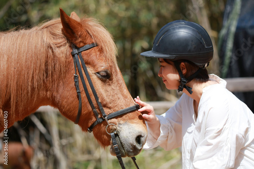  馬をなでる女性 乗馬イメージ