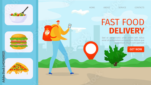 Food delivery service, courier man character bring fast order package, vector illustration. Deliver box to home, online parcel shipping technology.