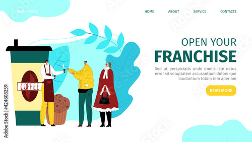 People open coffee franchise business, vector illustration. Man woman character in cafe, store interior buy beverage. Cartoon retail service