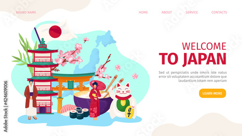 Welcome to japan, travel landing banner design, vector illustration. Asia tourism for culture, fuji landmark and sakura symbol web page.