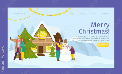 Winter holiday, merry christmas banner, vector illustration. Man woman people...
