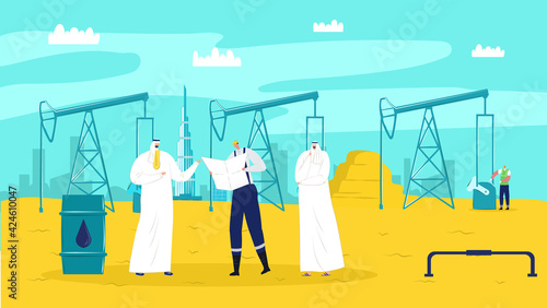 Businessman arabic people at oil industry, flat business concept vector illustration. Man person character near gas, petrol production