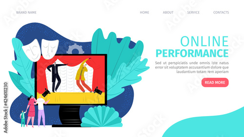 Flat online performance by internet technology concept, landing banner vector illustration. People man woman charcater watch live concert