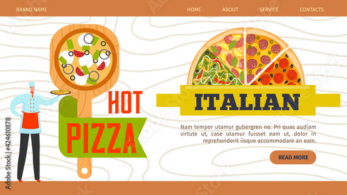 Pizza web banner, restaurant website vector illustration. Italian pizzeria food design, tasty cafe menu background template page. Fast food