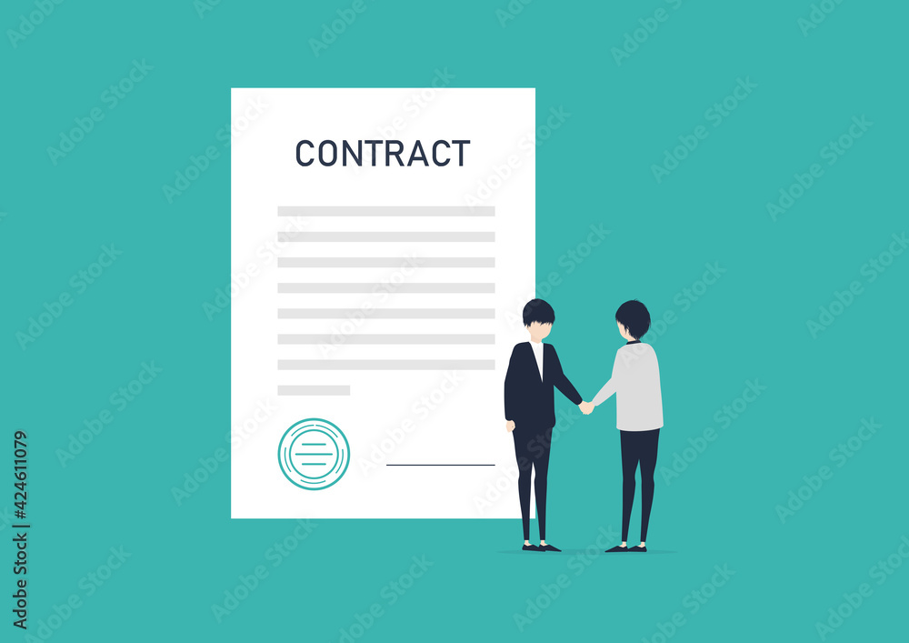 Obraz premium 契約書の前で握手する2人の男性のイラスト素材