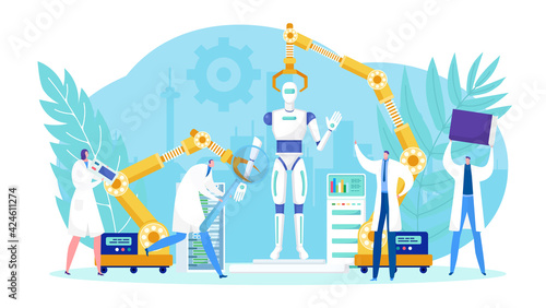 Robotics technology design by people team concept vector illustration. Flat modern ai science innovation, future robotic business.