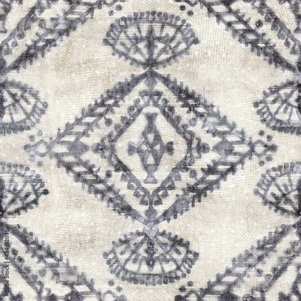 Seamless grungy tribal ethnic rug motif pattern. High quality illustration. Distressed old looking native style design in shades of gray and cream. Old artisan textile seamless pattern. Seamless grungy tribal ethnic rug motif pattern. High quality illustration. Distressed old looking native style design in shades of gray and cream. Old artisan textile seamless pattern.