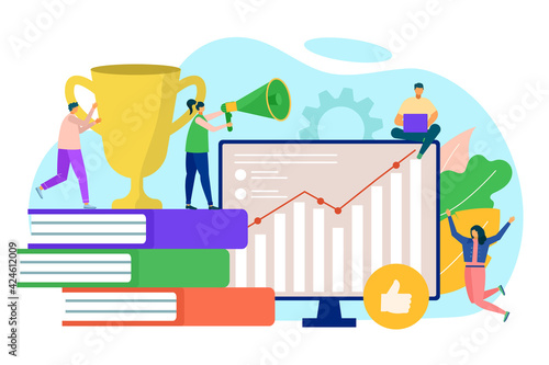 Business success for team, vector illustration. Man woman worker people character look at finance graph growth, financial teamwork chart at screen.
