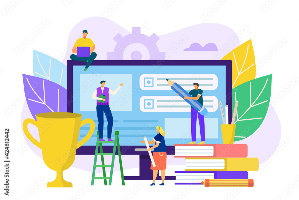 Ux ui design technology concept, vector illustration. People worker character make interface development at huge computer screen. Flat graphic Ux ui design technology concept, vector illustration. People worker character make interface development at huge computer screen. Flat graphic