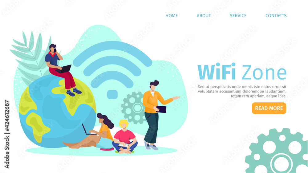 Fototapeta premium Hotspot at public place, wifi zone landing banner, vector illustration. Wireless internet for flat free network concept. Mobile access