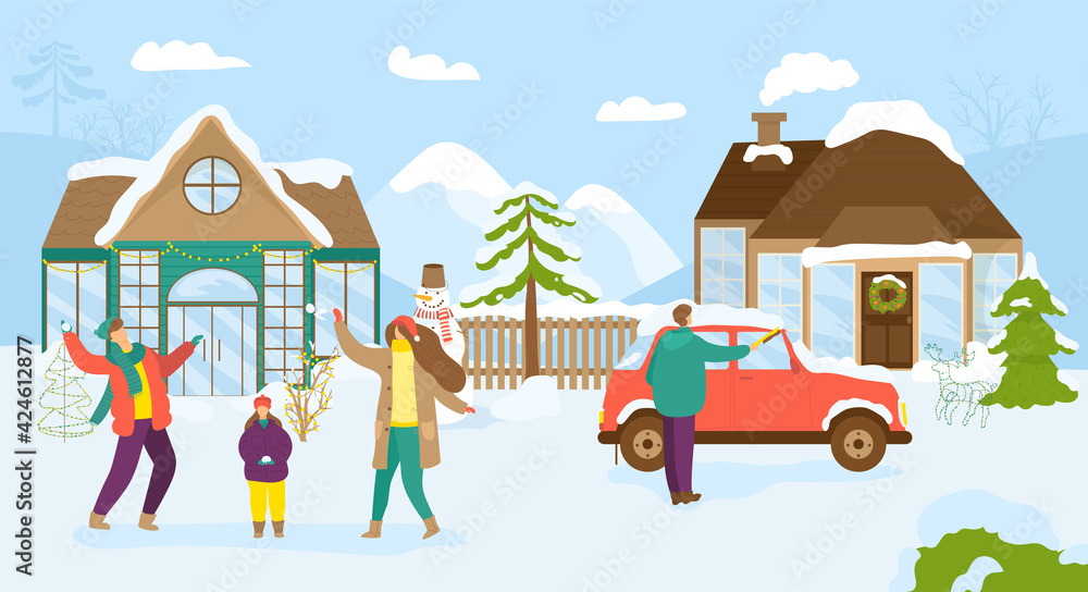 Fototapeta premium Christmas holiday near house, vector illustration. Winter city street with snow background, cartoon happy people scene. Flat celebration