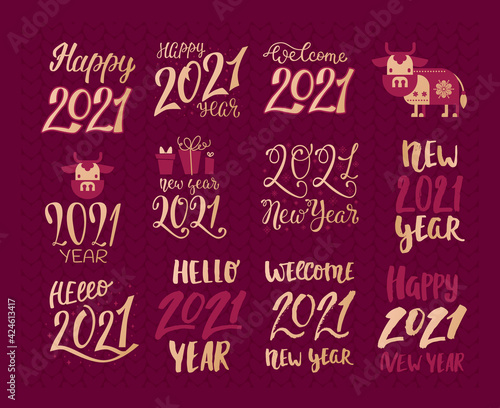 Banner set stickers happy new year 2021, vector illustration. Lettering bull year, eastern zodiac. Layout icon with congratulatory inscription.