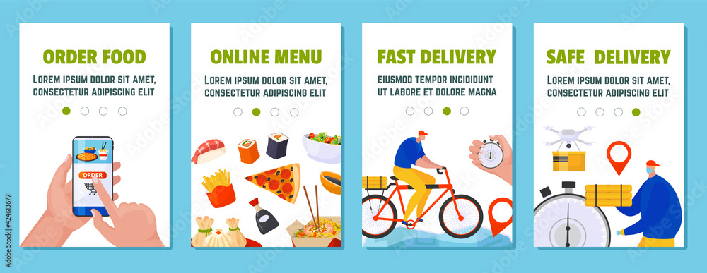 Set flat banner delivery service for cartoon mobile application, vector illustration. Food ordering and online menu, fast secure delivery by drone