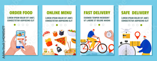 Set flat banner delivery service for cartoon mobile application, vector illustration. Food ordering and online menu, fast secure delivery by drone