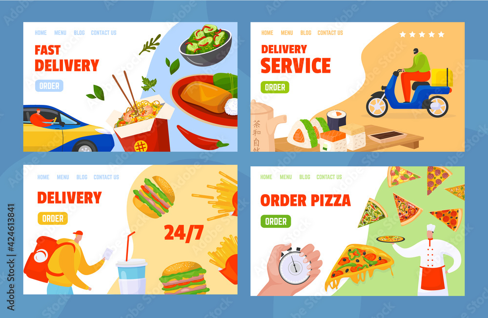 Set landing pages concept, food ordering and delivery service, vector illustration. Flat banner with cartoon order pizza inscription.