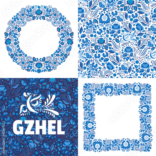 Ethnic Russian gzhel pattern, vector illustration. Geometric decoration banne...