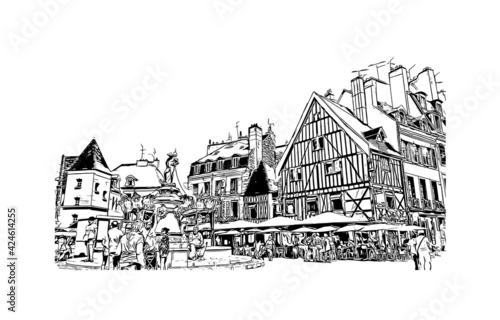 Building view with landmark of Dijon is the capital city of the historical Burgundy region in eastern France. Hand drawn sketch illustration in vector.
