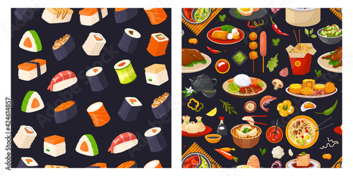 Traditional Japanese sushi food banner set, vector illustration. Asian healthy meal product pattern on black background. Oriental eat