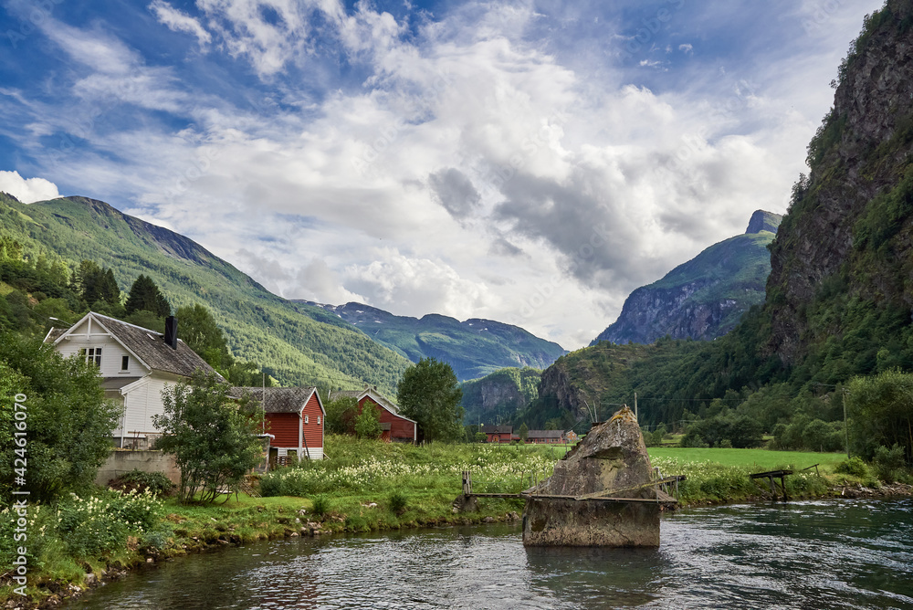 River and houses at Flamsdalen valley
