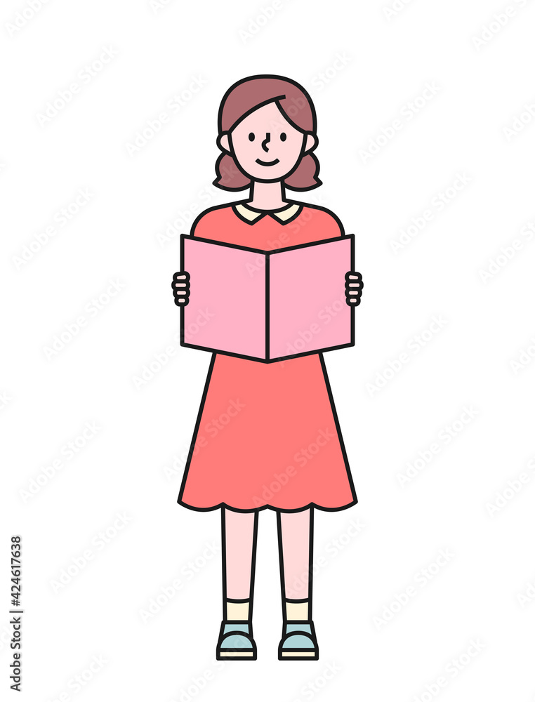 A girl in a red dress is standing with a book. flat design style minimal vector illustration. A girl in a red dress is standing with a book. flat design style minimal vector illustration.