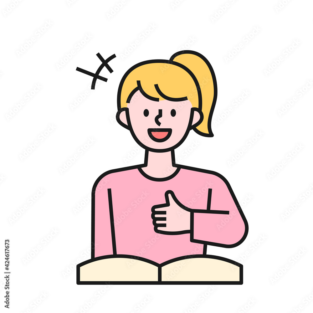 A girl doing thumb up while reading a book. flat design style minimal vector illustration.