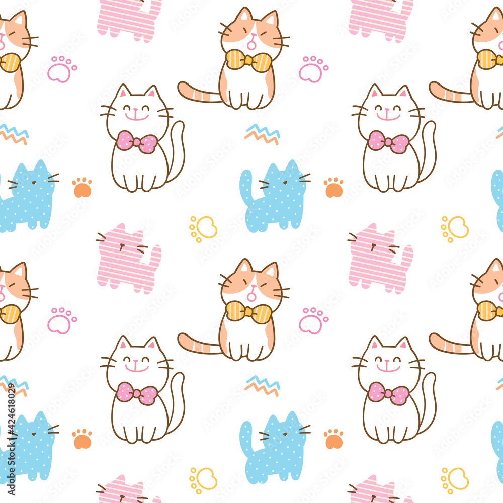 Seamless Pattern with Cartoon Cat Illustration Design on White Background Seamless Pattern with Cartoon Cat Illustration Design on White Background