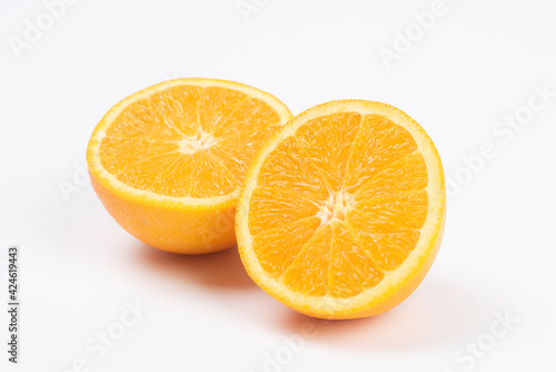 orange slice, half cut orange on white background.