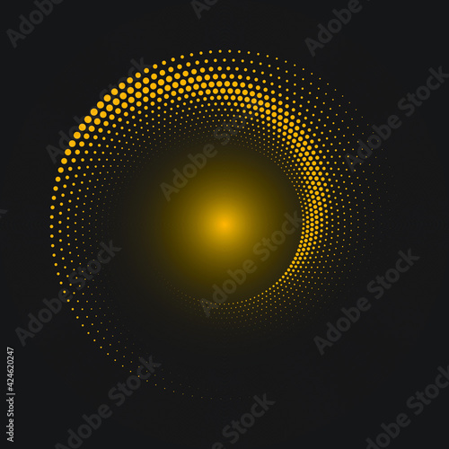 Yellow curvy halftone dots in circle form. Gray background. Halftone dots. Trendy design element for border frame, logo, symbol, web, prints, posters, template, pattern and abstract background