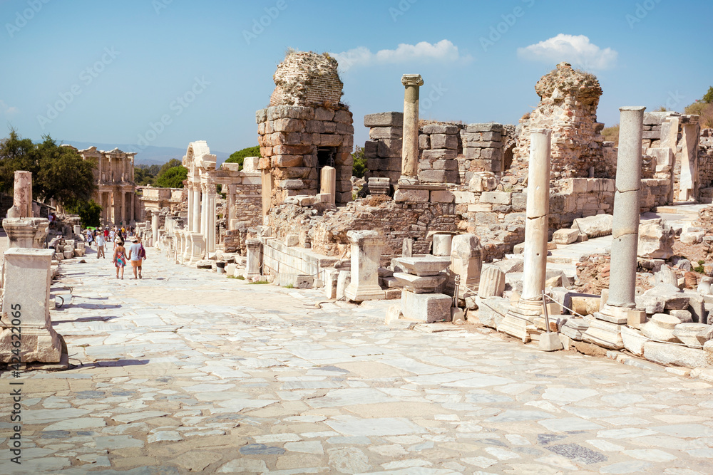 Fototapeta premium Curetes Street, in Ephesus, Turkey. Archaeology turism concept.