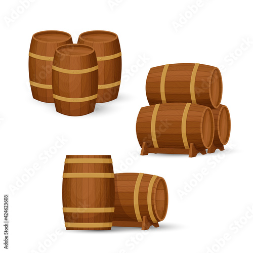 Collection of old wooden barrels in different configurations. Groups of two and three casks. Cartoon style illustration. Vector.