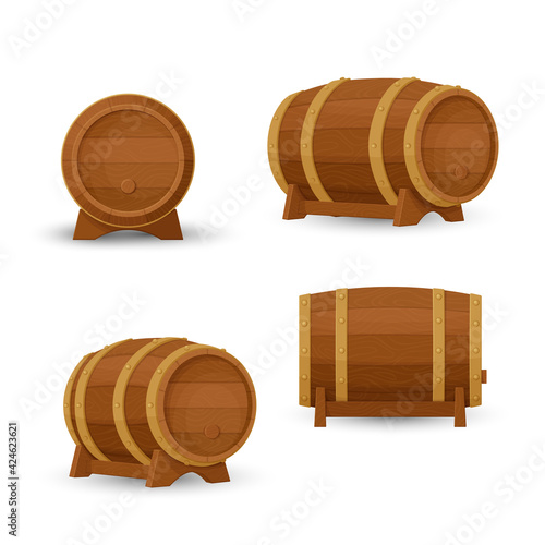 Old wooden barrel on a rack from different angles. Front, side and three quarters view. Cartoon style illustration. Vector.