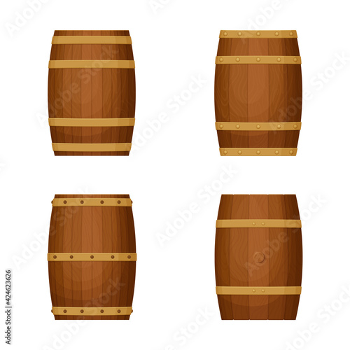 Collection of old barrels with wooden texture. Various hoop configurations.  Cask for whiskey, wine or beer. Cartoon style illustration. Vector.