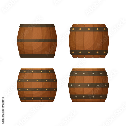 Collection of old kegs with wooden texture. Various hoop configurations.  Cask for whiskey, wine or beer. Cartoon style illustration. Vector.