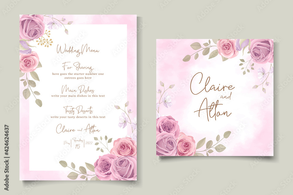 Fototapeta Elegant wedding card design with pink roses ornaments