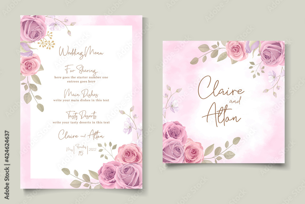 Elegant wedding card design with pink roses ornaments