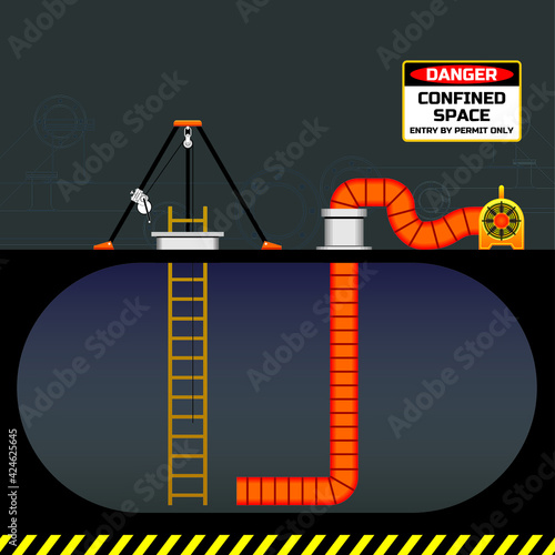 Confined space work illustration at industry or construction. Safety rules of permit entry.
