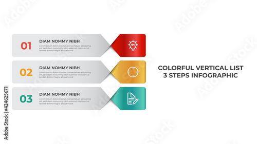 Vertical list infographic element template, business data visualization layout with 3 points of step vector.