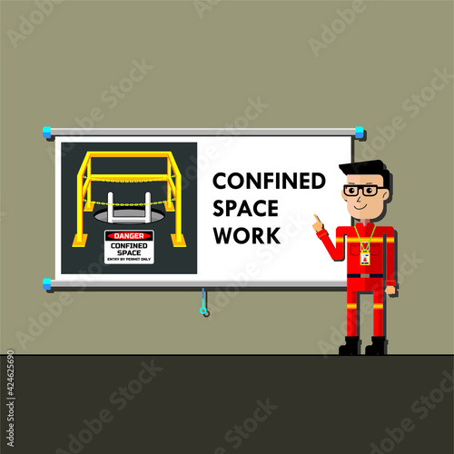 Safety officer on presentation of confined space work entry illustration with access ladder.