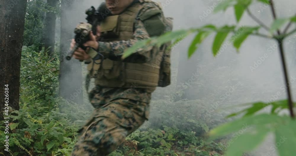 Soldiers in the smoke moving in battle operation thorugh dense forest Soldiers in the smoke moving in battle operation thorugh dense forest