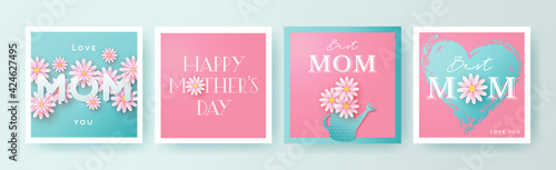 Set of Mother's Day greeting cards with paper cut flowers, hand drawn heart and typography. Mother Day holiday illustration for greeting banner, fashion ads, poster, flyer, social media, promotion