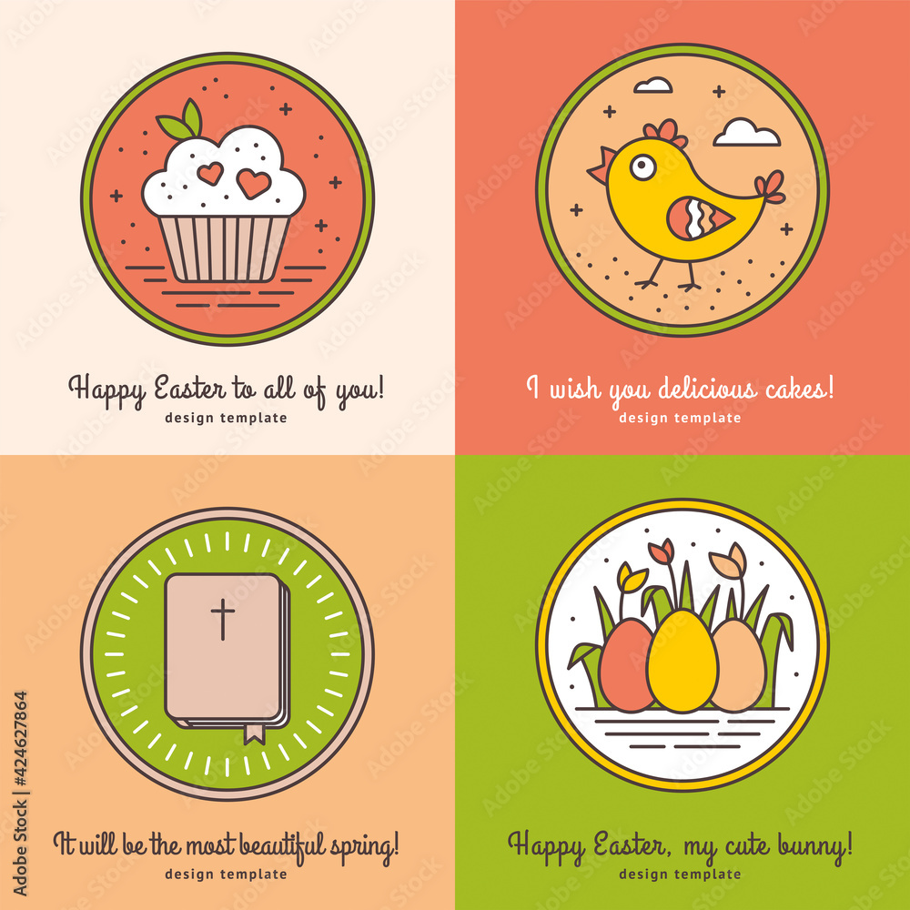 Naklejka premium Set of Easter Elements Collection of Templates for Postcard, Gift Tag, Mail Letterhead, Web Design and Advertising, Copyspace. Easter Cupcake, Baby Chicken, Bible and Grass with Colored Egg and Tulip